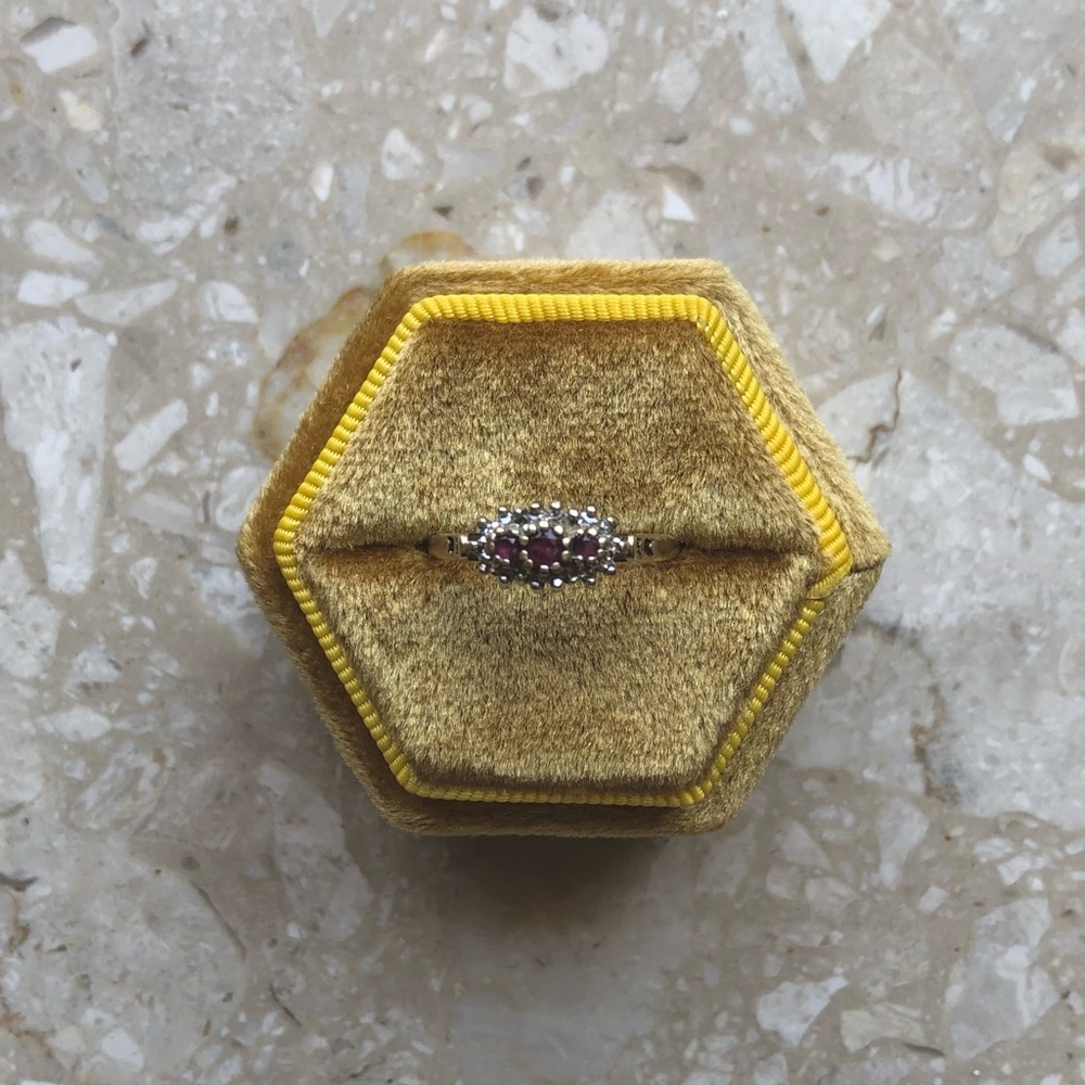 Vintage Ruby Diamond Halo Three Gem Yellow Gold Ring - Picture 3 of 11